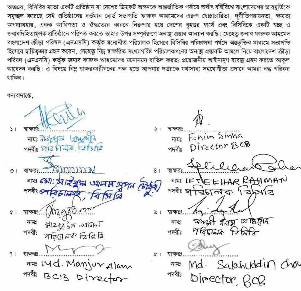 বিসিবি সভাপতির প্রতি অনাস্থা জানিয়ে ৮ পরিচালকের স্বাক্ষরিত চিঠি