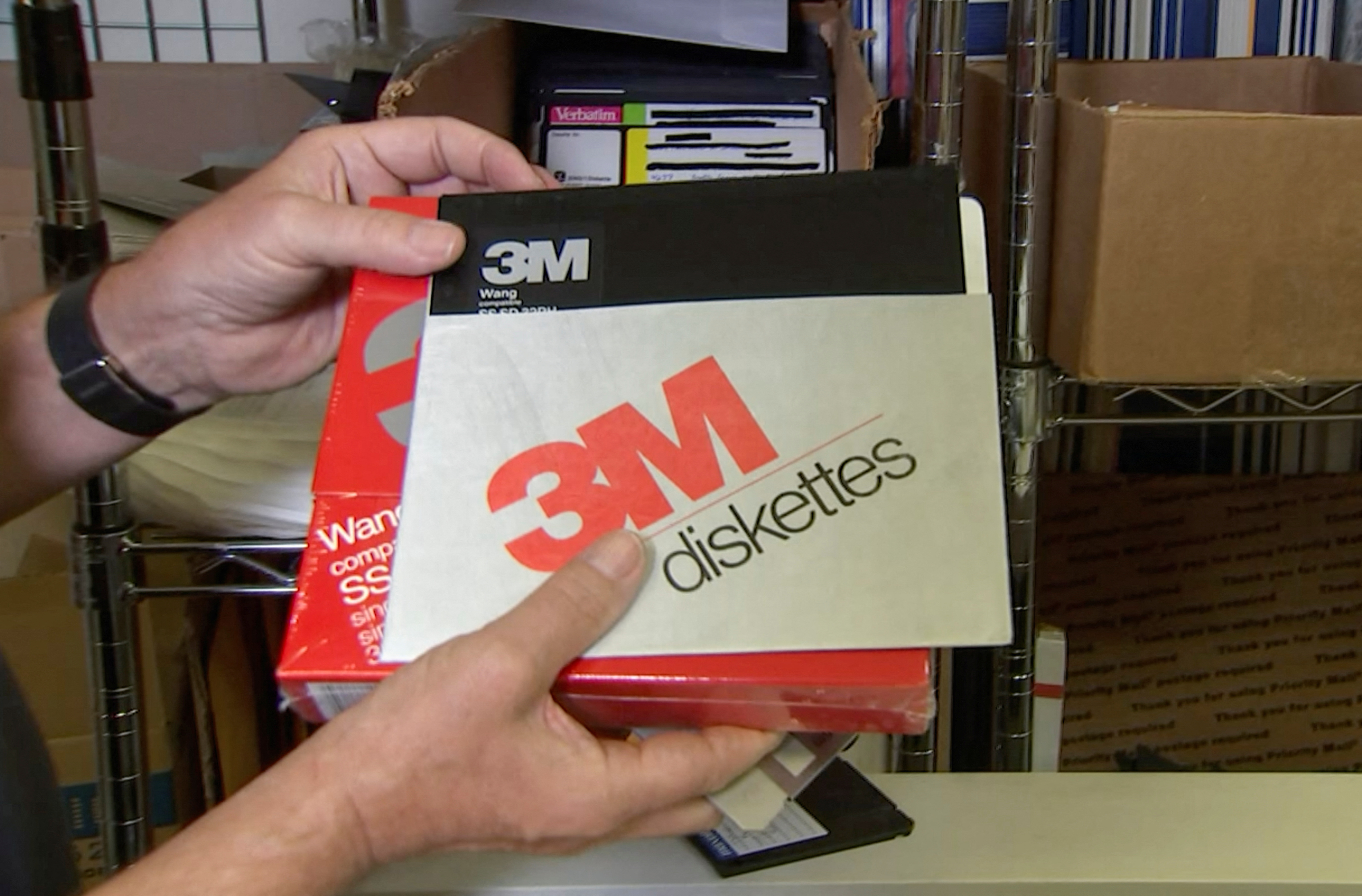 Tom Persky, owner of floppydisk.com, sells large 8-inch floppy disks popular in the 1970s and 1980s in Lake Forest, California, US, Oct 6, 2022 in this screengrab from a Reuters TV video.  REUTERS/Alan Devall