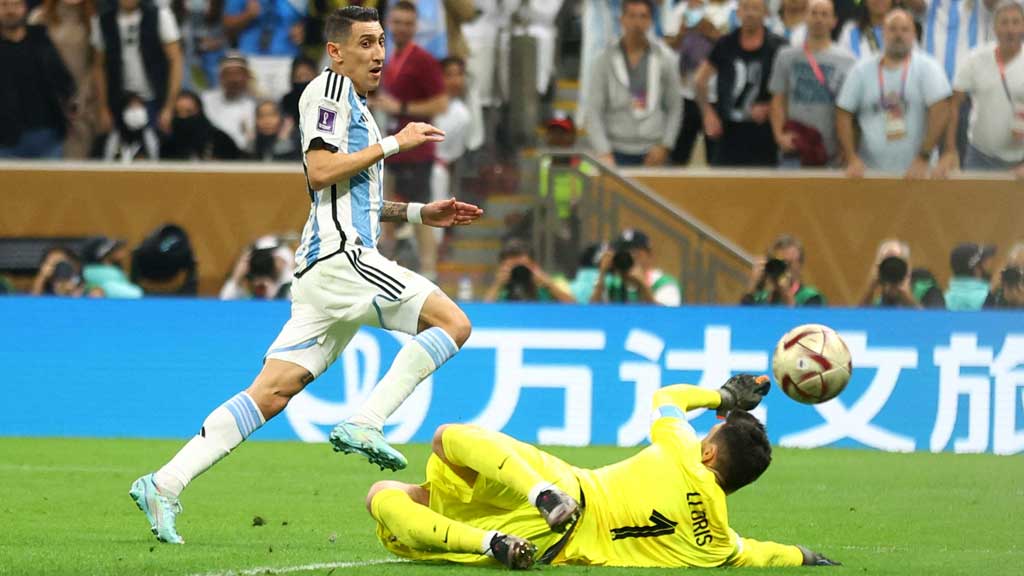 Football - FIFA World Cup Qatar 2022 - Final - Argentina v France - Lusail Stadium, Lusail, Qatar - December 18, 2022 Argentina's Angel Di Maria scores their second goal REUTERS/Carl 