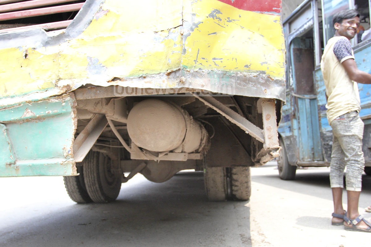 The rear side of this bus in Gulistan has disintegrated, dangerously exposing the gas cylinder.  