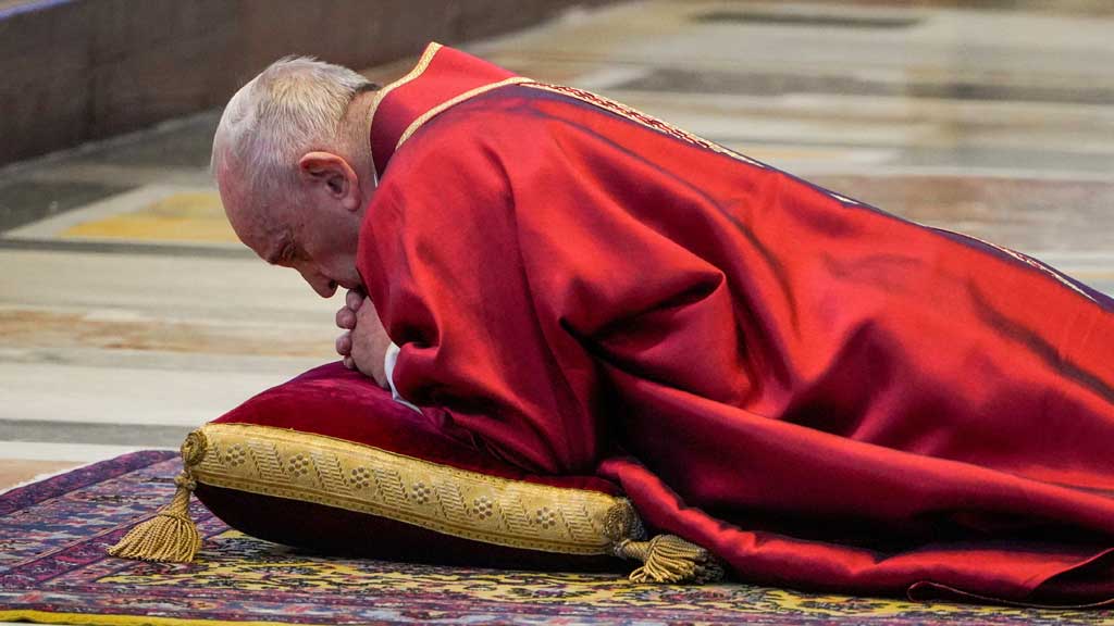 Pope Francis leads the Good Friday Passion of the Lord in St. Peter's Basilica with no public participation due to the outbreak of the coronavirus disease (COVID-19), at the Vatican, April 10, 2020. Andrew Medichini/Pool via REUTERS