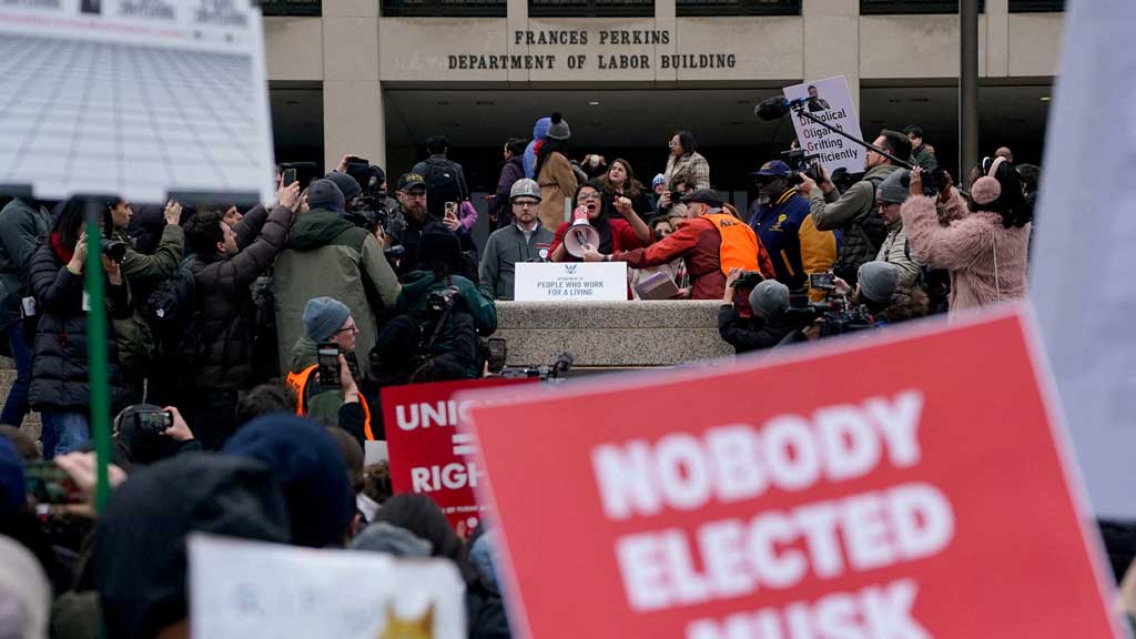 US Representative Rashida Tlaib (D-MI) speaks as demonstrators rally during a protest against US President Donald Trump and the actions he has taken in the first weeks of his presidency, outside of the Department of Labor in Washington, US, Feb 5, 2025. REUTERS/Nathan Howard REFILE -
