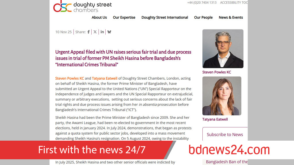 Two British lawyers submit ‘urgent appeal’ to UN over Hasina’s ‘fair trial’